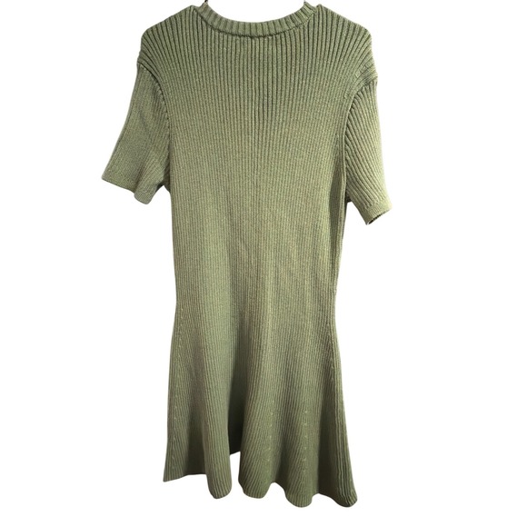 French Connection Green Ribbed Knit Button Front Short Sleeve Fit Flare Dress - Picture 3 of 3